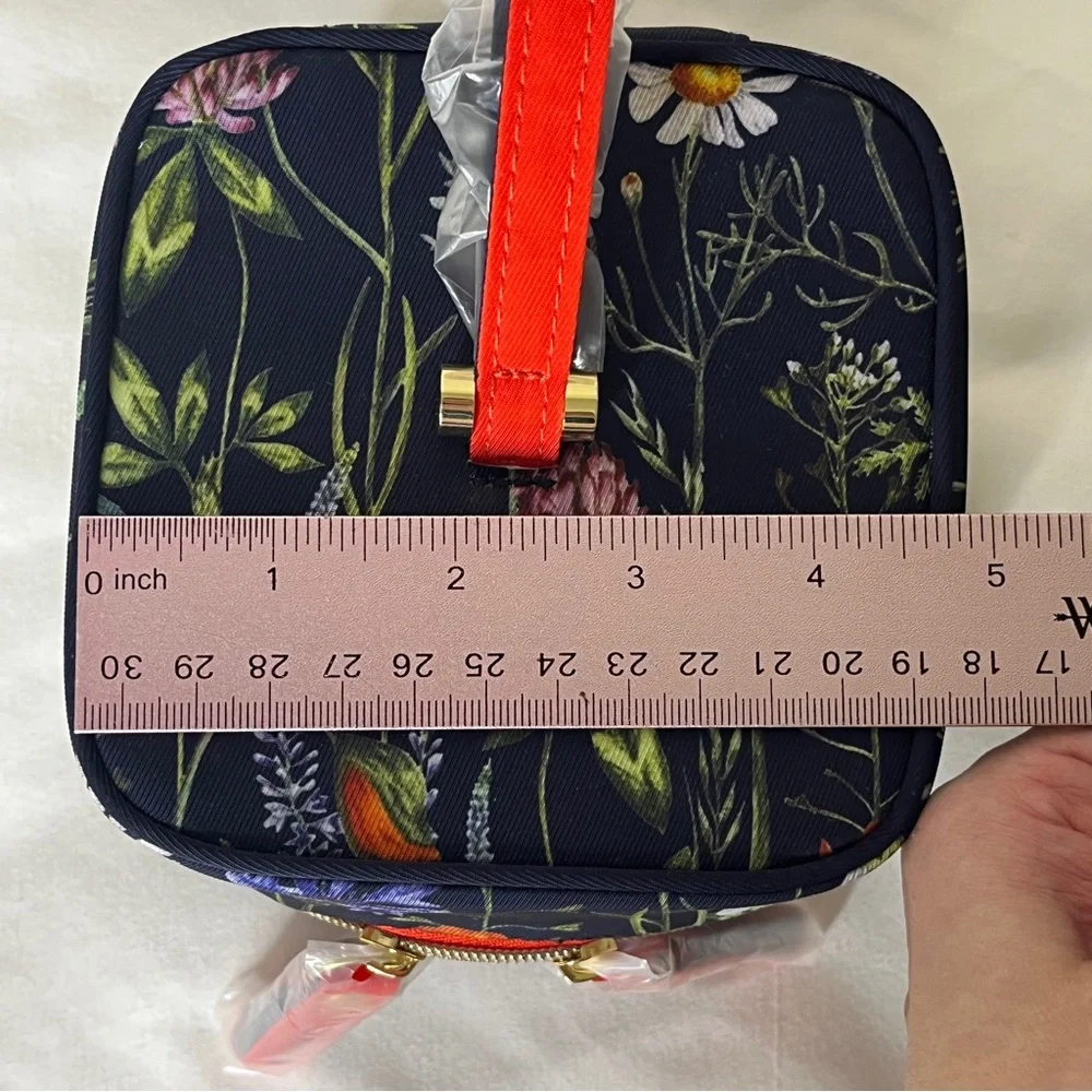 Estee Lauder Floral Print Double Zip Orange Top Handle Wristlet Mini Square Bag - Picture 6 of 11